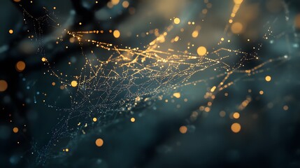 Dew Kissed Spiderweb at Dawn Abstract Nature Photography with Golden Lights