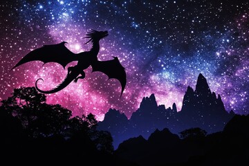 Wall Mural - A silhouetted dragon soaring through a vibrant starry galaxy scene