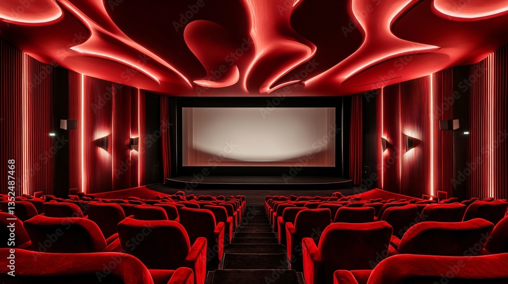 Red-themed cinema interior with vibrant decor, plush seating, and a ...