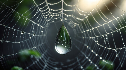 Spiderweb glistening with dewdrops and a water droplet hanging at the bottom of a thread in this close-up nature image.