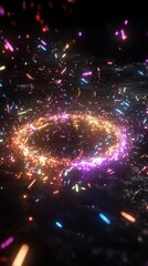Wall Mural - glowing circular energy source surrounded by brightly colored particles in darkness