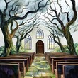 © Npicture - A serene watercolor painting of a church with trees