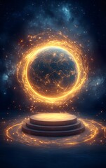 Wall Mural - a podium placed in a celestial environment, orbiting a glowing planet with cosmic energy swirling ar