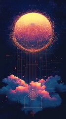 Fototapete - Abstract Digital Network Sphere Descending Through Cloudscape to Geometric House