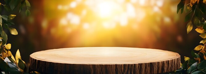 Wall Mural - A rustic wooden 3D podium with a rough, organic texture, placed on a nature-inspired background with warm, golden light