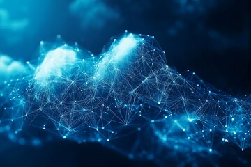 Poster - Abstract Network Connection Digital Data Flow Visualization Bright Blue Glowing Lines and Points