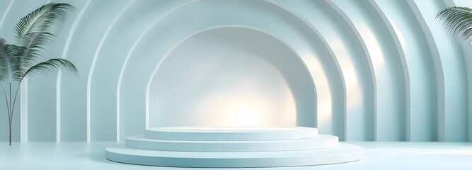 Wall Mural - A clean, white, minimalist 3D podium with soft curves, placed in a bright, airy environment with diffused light
