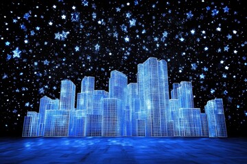 Wall Mural - A blue city skyline under a starry night sky is shown
