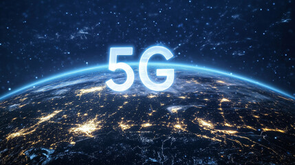 5G wireless internet network connection system around the world. with an empty space beside a dark blue background. telecommunication connection business technology background. IoT. 3D illustration