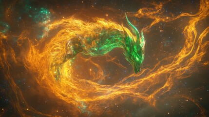 Canvas Print - a green dragon flies through colorful swirling cosmic clouds