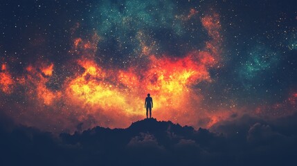 Wall Mural - A lone figure standing on a hill beneath the starry sky