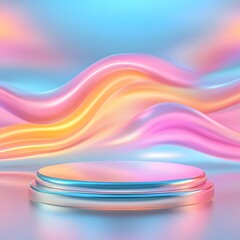 Wall Mural - A glossy, futuristic podium with a mirrored surface, reflecting a vibrant, abstract digital background