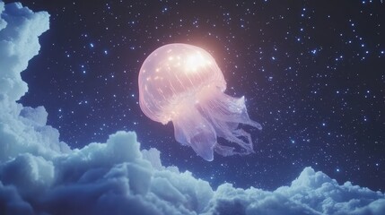 Wall Mural - A luminous jellyfish floating through a starry night sky above clouds