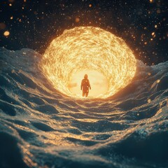 Wall Mural - a figure stands before a glowing sphere in a cosmic landscape
