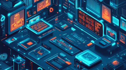 Software development, coding, programming concept. Programming, testing cross platform code, app on laptop, tablet, phone. Education, skill up of programmer. Technology computer software development.
