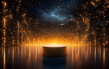 Wall Mural - a podium floating inside an artistic infinity room, surrounded by endless reflections and lights