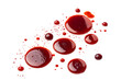 © Azam - Red Liquid Splatter with Scattered Drops on a Plain Surface.