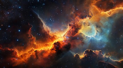 a colorful nebula with orange and blue clouds and stars. the colors are vibrant and the stars are sc