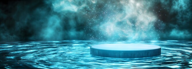Wall Mural - a podium submerged in water, with soft ripples and glowing underwater bioluminescent details
