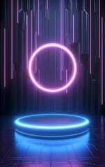 Wall Mural - A futuristic 3D podium with a levitating, spinning ring, glowing faintly in a neon-lit cyber world