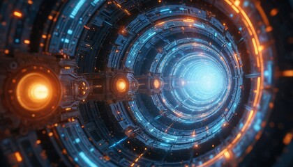 Wall Mural - time machine traveling through wormhole. cosmic journey through futuristic tunnel with speed, light.