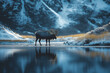 © JulieMeneghin - Orignal solitaire dans un paysage de montagne enneigée, au bord d’une rivière gelée au lever du soleil
