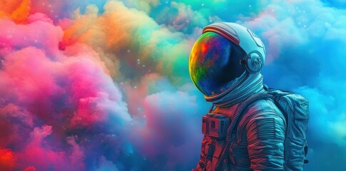 Wall Mural - an astronaut explores colorful cosmic clouds in outer space