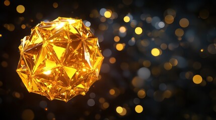 Wall Mural - a golden sphere with geometric facets and bokeh highlights the dark