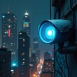 © Hamza malik - A glowing cyan eye watches over a sprawling futuristic cityscape at night, bathed in cool blues and deep shadows.