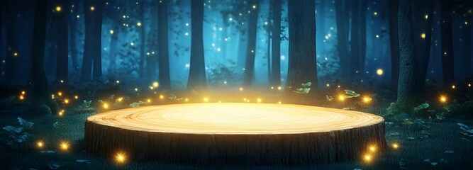 Wall Mural - A mystical podium made of enchanted wood, glowing softly in a fairy-tale forest