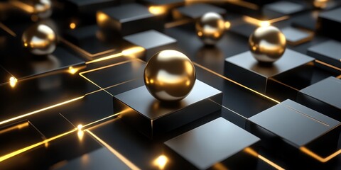 Wall Mural - abstract composition of golden spheres atop geometric dark platforms