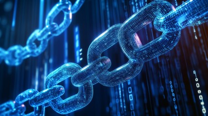 Digital chain with binary code on the background, a concept banner for blockchain technology and cyber security systems in cyberspace. 