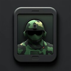 Leinwandbilder - Modern Warfare: Camouflage Soldier on a Smartphone, Tactically Immersed in a Dark Digital World