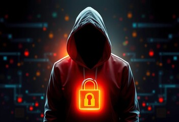 Wall Mural - abstract digital backdrop, hooded figure, glowing padlock, encryption, data protection