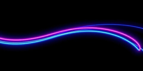 Wall Mural - A vibrant neon blue and pink line, smoothly curved, against a deep black backdrop, line, dark