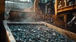 © juliiapanukoffa - Vibrating Screen at Mineral Processing Plant: Ore Washing with Fan-like Liquid Stream in Kazakhstan's Industrial Landscape
