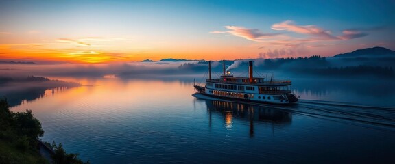 Wall Mural - majestic steamboat, tranquil river, misty sunset, serene landscape, rays, vintage