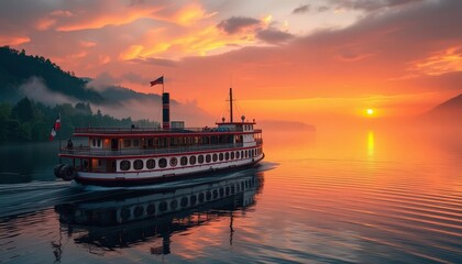 Wall Mural - majestic steamboat, tranquil river, misty sunset, serene landscape, evening, texture