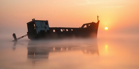 Wall Mural - misty dawn light bathes weathered shipwreck silhouetted against serene, pale sky, ethereal, photogra