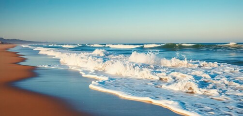 Wall Mural - Ocean waves crash on sandy shore, silhouette in distance, light, solitude