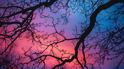 Wall Mural - sky with the silhouette of tree branches against a twilight backdrop.