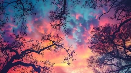 Wall Mural - sky with the silhouette of tree branches against a twilight backdrop.