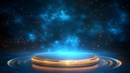 Wall Mural - A floating circular podium, glowing in an outer space setting with planetary rings