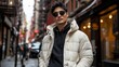 © Edi Purnomo - Stylish man in cream puffer jacket, sunglasses, city street.