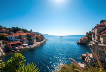 Wall Mural - sun-drenched croatian coastal town, charming houses, adriatic sea, colorful, landscape