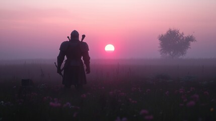 Wall Mural - a knight in armor stands in a field, gazing at a vibrant sunset with flowers around.