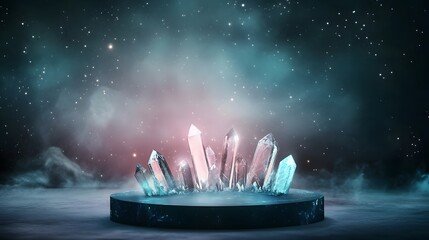 Wall Mural - a podium with floating crystal shards, glowing in a fantasy-inspired celestial realm