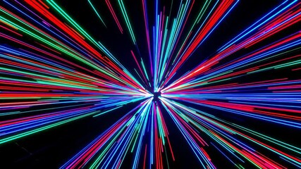 Poster - Multicolor light trails radiating from a central point in darkness, energetic burst