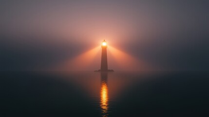 Wall Mural - a majestic lighthouse illuminated at sunset, surrounded by calm waters and mist.
