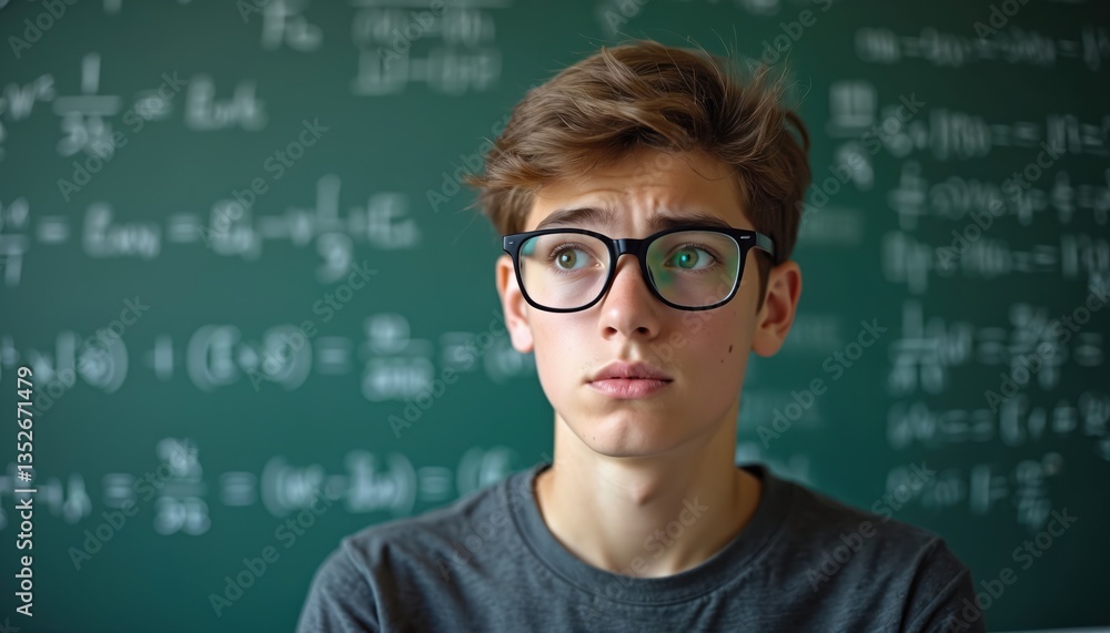 Ilustración de Stock Confused student wears glasses, looks up at ...